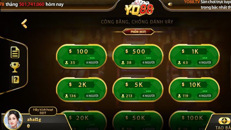 Yo88 cung cấp nhiều phòng chơi với các mức cược khác nhau
